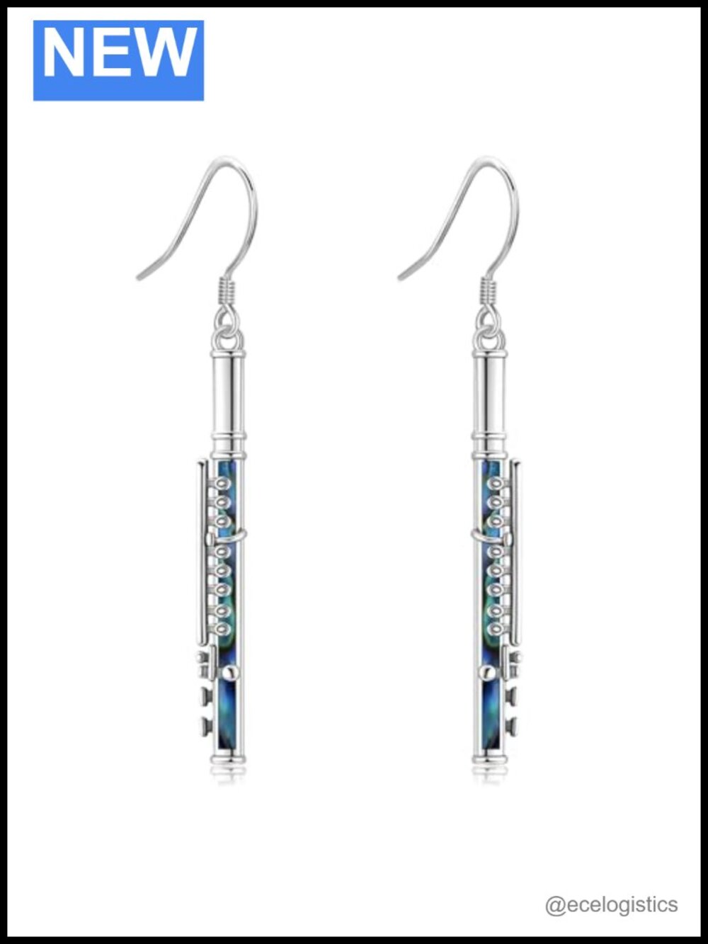 925 Sterling Silver Abalone Shell Flute Dangle Drop Earrings